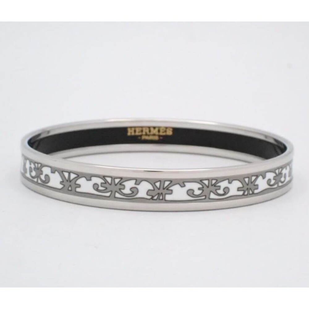 Vintage Hermes PM Bangle Bracelet White Enamel Grey Design Silver Rim New Box